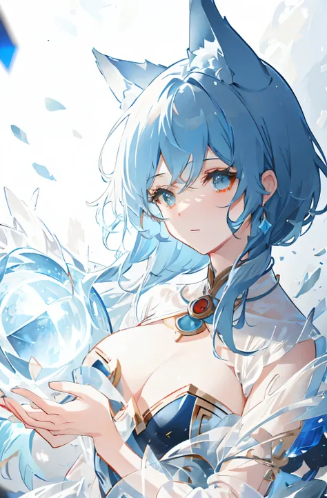 Blue-haired woman holding gourd and red rope，fox ear，Half-closed eyes, expressionless face， ctextured skin, three-dimensional reality，,atmospheric distance sense，Divine light，movie light effect