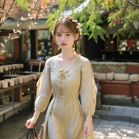 Best Quality, masutepiece, photos realistic, Intricate details, Raw photo, ultra-detailliert, old fashioned Young Woman, In peasant style dresses, No neckline, Blonde hair, Perfect details and blue eyes, Walk through the Old Town, HD quality, 8K, Young Wom...