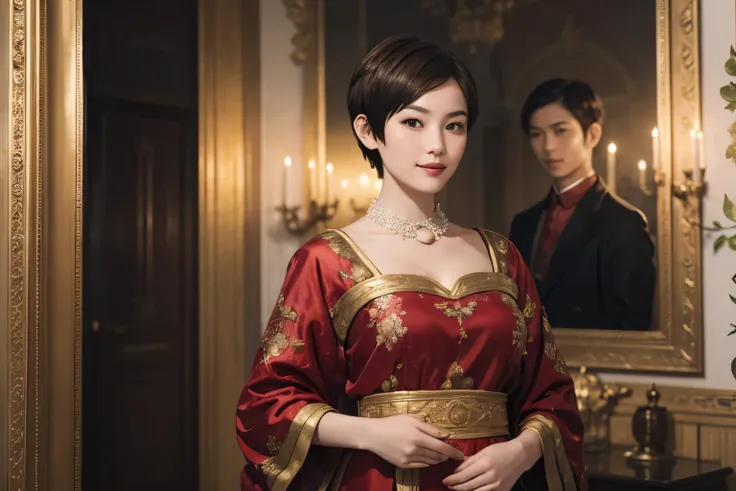 141
(a 20 yo woman,in the palace), (A hyper-realistic), (high-level image quality), ((beautiful hairstyle 46)), ((short-hair:1.46)), (kindly smile), (breasted:1.1), (lipsticks), (is wearing dress), (murky,wide,Luxurious room), (florals), (an oil painting、R...