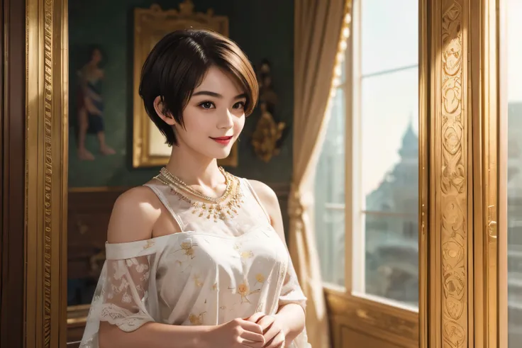 141
(a 20 yo woman,in the palace), (A hyper-realistic), (high-level image quality), ((beautiful hairstyle 46)), ((short-hair:1.46)), (kindly smile), (breasted:1.1), (lipsticks), (is wearing dress), (murky,wide,Luxurious room), (florals), (an oil painting、R...