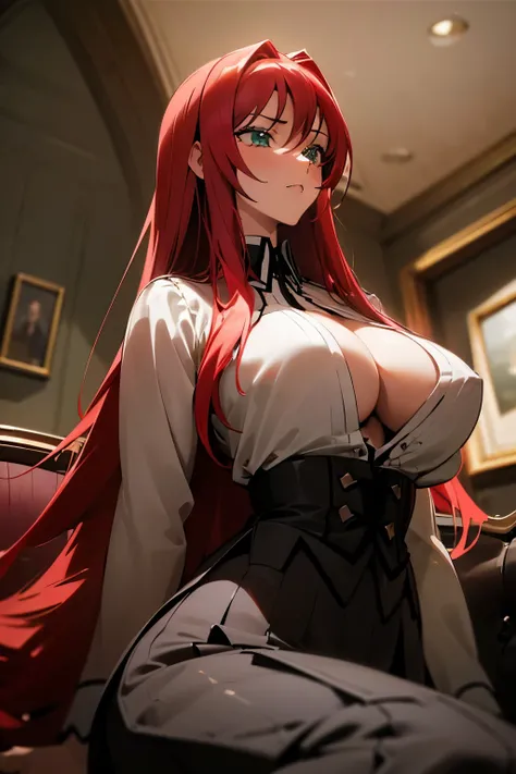 (Masterpiece:1.2, high quality:1.2), (solo:1.2), (1girl:1.2), (pixiv:1.4), (Rias gremory), indifferent, (stare:0.8), crimson red hair, wavy long hair, sharp bangs, crystal green eyes, (detailed eyes), double eyelids, black eyeshadow, long eyelashes, pale p...