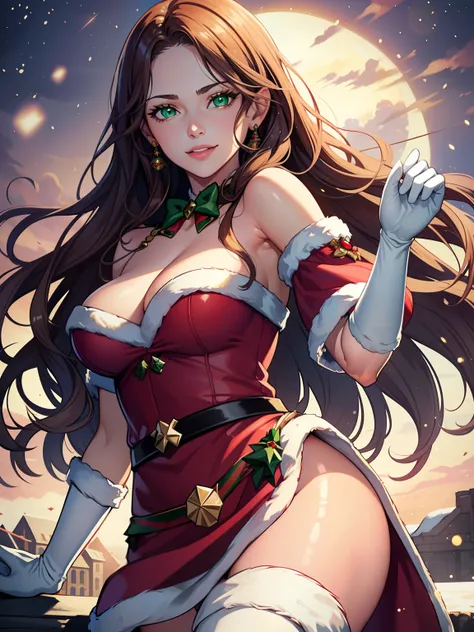 1girl, solo, masterpiece, best quality, high res, highly detailed, (illustration), beautiful detailed eyes, dorothea, green eyes ,glossy lips, light makeup, warm smile, long white satin elbow gloves ,cowboy shot, (santa), red santa dress, full body, elbow ...