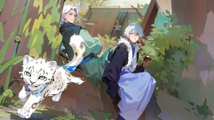 There is a picture，The painting is of two men and a snow leopard, High-quality fanart, Official fan art, Lingchang art, Detailed fanart,