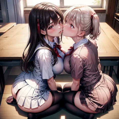 Four university schoolgirlour Girls，lesbian，kisses, kissing，inflated butts, cute butts, brown or black hair,Be red in the face，embrace，Close both eyes，kiss on lips, Rub each others breasts，is shy，cuddle，perspire，black lence stockings，The light is dim，onbed...