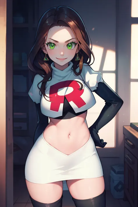 dorothea, green eyes, glossy lips ,team rocket,team rocket uniform, red letter r, white skirt,white crop top,black thigh-high bo...