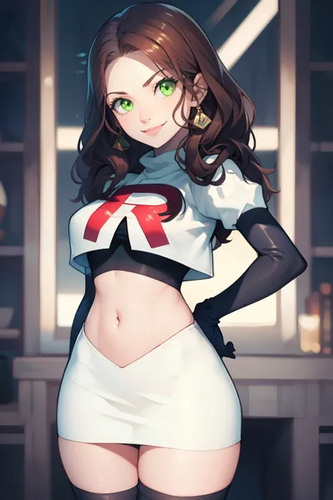 dorothea, green eyes, glossy lips ,team rocket,team rocket uniform, red letter r, white skirt,white crop top,black thigh-high bo...