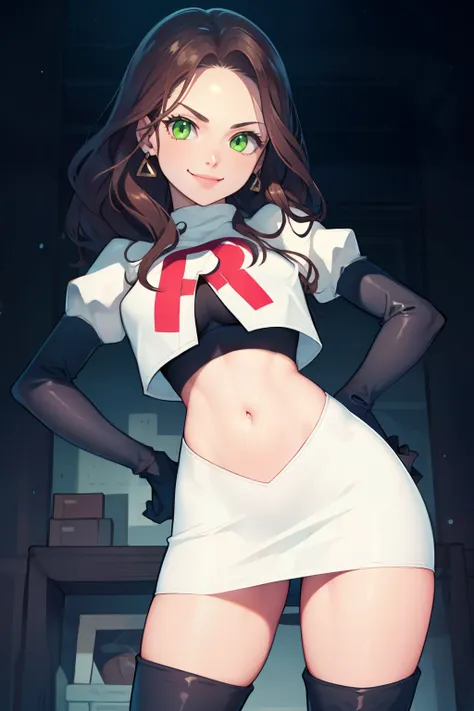 dorothea, green eyes, glossy lips ,team rocket,team rocket uniform, red letter r, white skirt,white crop top,black thigh-high bo...