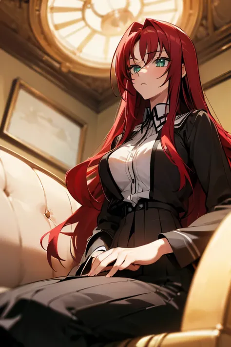 (Masterpiece:1.2, high quality:1.2), (solo:1.2), (1girl:1.2), (pixiv:1.4), (Rias gremory), indifferent, (stare:0.8), crimson red hair, wavy long hair, sharp bangs, crystal green eyes, (detailed eyes), double eyelids, black eyeshadow, long eyelashes, pale p...