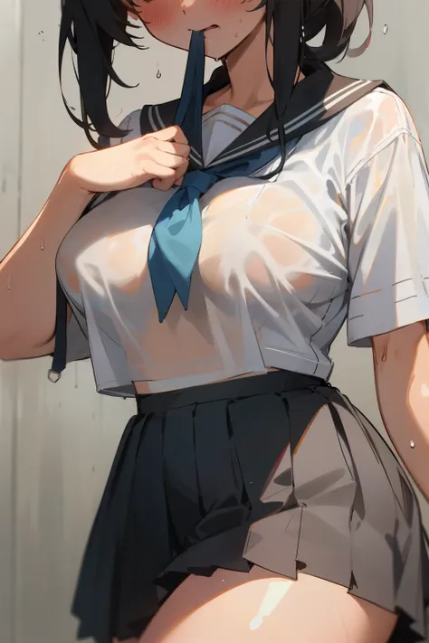 4k, high quality, god rays, beautiful, good lighting, sexy, big breasts, thick thighs, skirt, black skirt, school girl uniform, ...