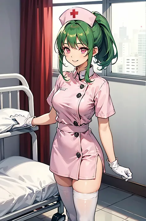 1girl, solo, nurse, nurse cap, white wear, ((white legwear, zettai ryouiki)), white gloves, ponytail, green hair, pink eyes, smile, standing, ((hospital room)), sharp outline, short sleeves, best quality, masterpiece