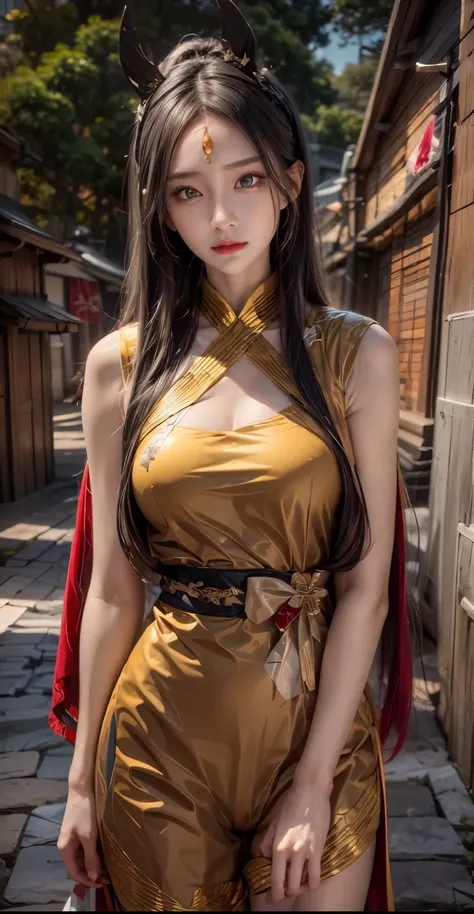 realistic, 1 women, best quality, 12k, HD, long hair, big round breasts, cleavage, ponytail, necklace, jewelry, shorts, short jacket, slim hips, hair tie, yellow eyes, black hair, super detailed, Eye details, hair details, person details, mouth details, fa...