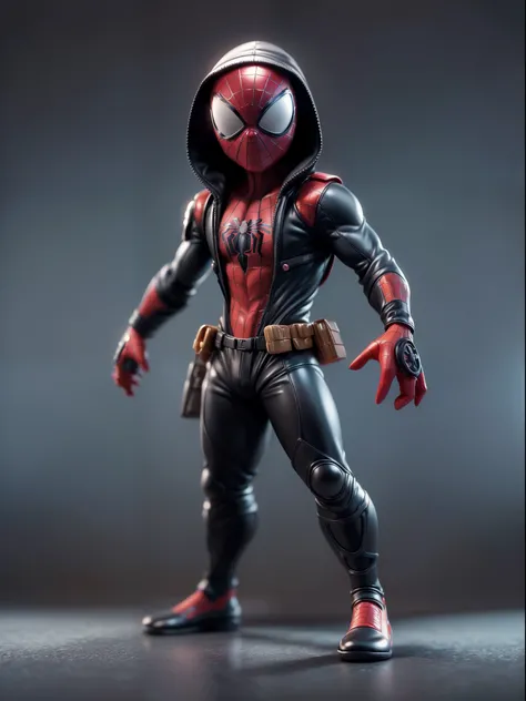 (Blind box toy style:1.3),((Full body shot)),(1 cute spiderman，solo）(((solo))),dreamy glow, plastic style， Clean black background, (circular base）( Global illumination, Ray tracing, hdr, unreal render,reasonable design, high detail, Masterpiece, Best quali...