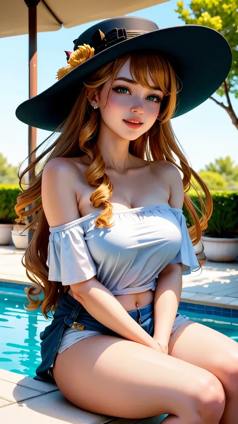 A high resolution, quality, 超quality, the ultra-detailed, lighting like a movie、facing at the camera，1 girl，Colossal tits、Wear a white off-shoulder T-shirt, white-shoulder shirt， laughing very happily、curlies、Very long hair、With a hat on，skyblue eyes，sitti...