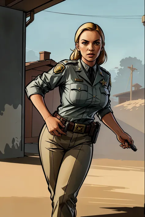 a 4k picture of a busty female sheriff in a countryside, running and holding a pistol, hard color shading, warm tone, 2d gta art...