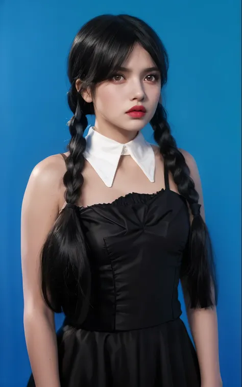 girl with long black hair wearing a black dress and a white collar, with black pigtails, as wednesday addams, angry girl crying, glossy hair, pigtails and bangs hairstyle, pigtails, glossy hair, 4k, high resolution, rim light, realistic, young angry woman,...