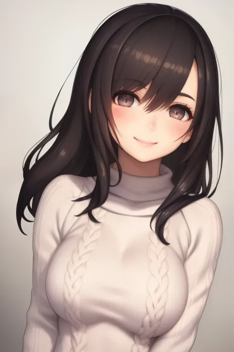 upper body, solo, 1girl in, looking ahead, smile, blush, medium breasts, knitted sweater、a dark-haired、long