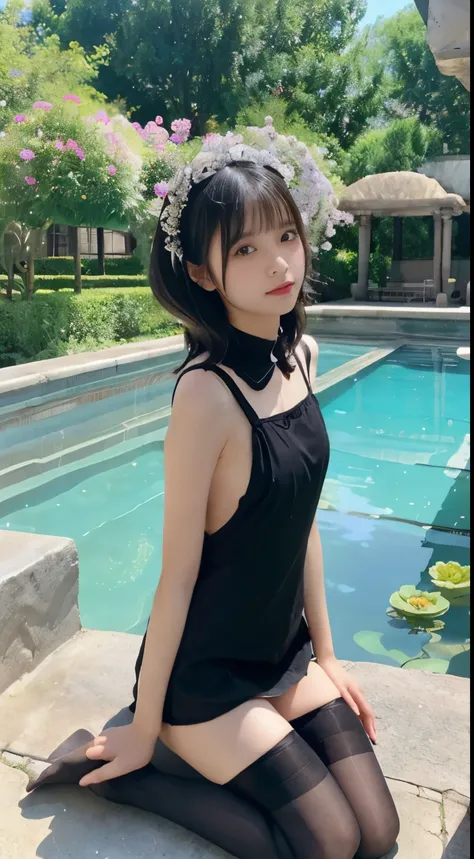 1 innocent and cute girl，((15 years old))，ancient roman temple architecture，flower bloom，(lotuses，pool of water)，sexy  pose，(Black Lolita，shift dresses），wear black knee-high stockings，without wearing shoes，thin very long legs，looking at viewert，short detai...