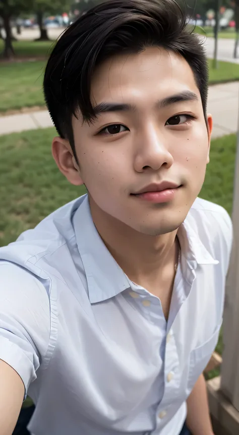 20 year old handsome asian man selfie, above the chest, park background