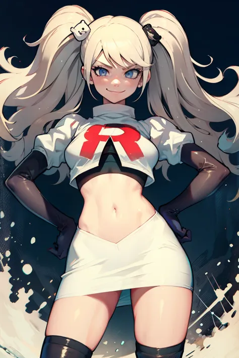 junko enoshima, glossy lips ,team rocket,team rocket uniform, red letter r, white skirt,white crop top,black thigh-high boots, b...