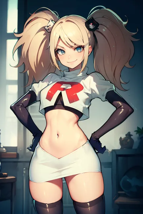 junko enoshima, glossy lips ,team rocket,team rocket uniform, red letter r, white skirt,white crop top,black thigh-high boots, b...