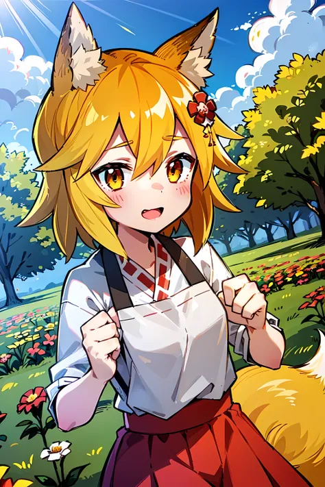 a  girl, fox ears, 4k image, flowers of different colors, field, beautiful trees, maximum details, village, at home, beautiful c...