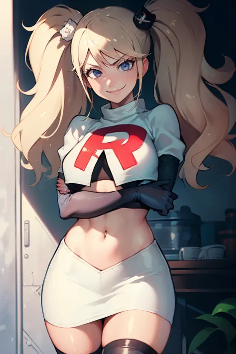 junko enoshima, glossy lips ,team rocket,team rocket uniform, red letter r, white skirt,white crop top,black thigh-high boots, b...