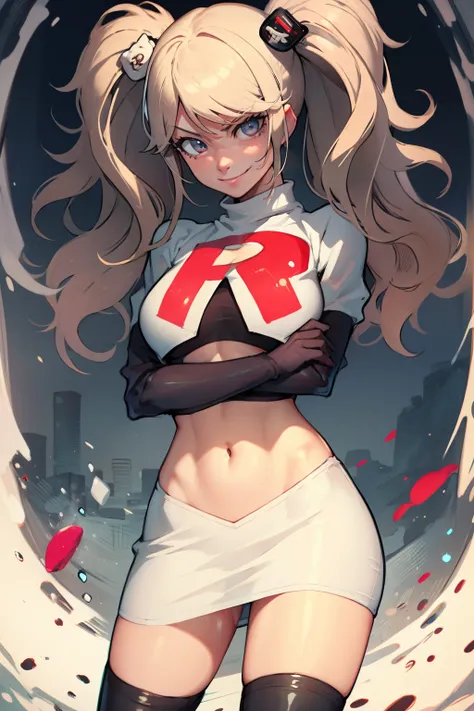 junko enoshima, glossy lips ,team rocket,team rocket uniform, red letter r, white skirt,white crop top,black thigh-high boots, b...