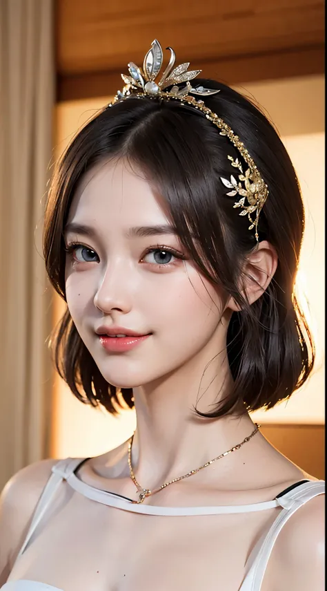 Best Quality, masutepiece, 超A high resolution, (Photorealistic:1.4), Raw photo, 1girl in, kｰpop idol, short-hair, Indoor, Summer noon,Detailed eyes,(realisticeyes),delicated face,realskin,detailed hairs,Detailed skin,Beautiful face,Smiling、((Beautiful hair...