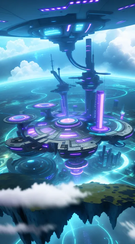 city suspended on island，In the distance are planets and space stations，White clouds and flowing water around，The beautiful city of the future in Wagelding，purple city，Tech style，A futuristic，cyber punk style，love violets，high high quality，clear light