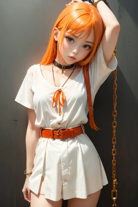 Cute girl, Orange hair, tied with a chain, a doll in her hand, wearing white clothes, a red belt around her neck, sexy