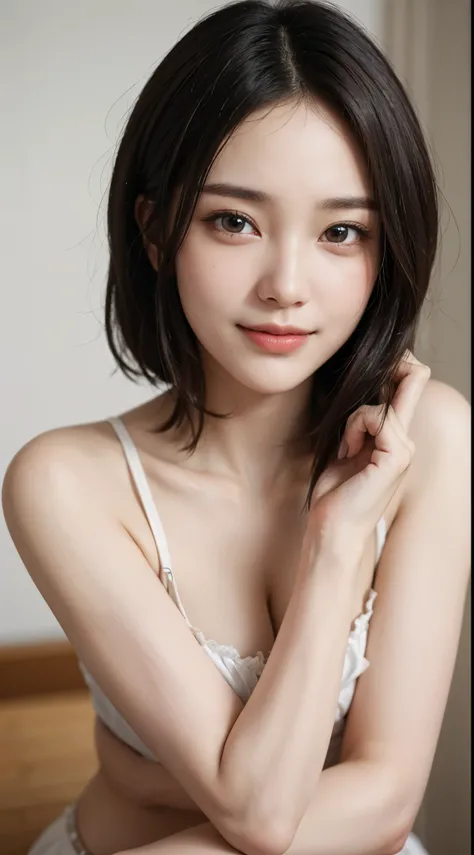 Best Quality, masutepiece, 超A high resolution, (Photorealistic:1.4), Raw photo, 1girl in, kｰpop idol, short-hair, Indoor, Summer noon,Detailed eyes,(realisticeyes),delicated face,realskin,detailed hairs,Detailed skin,Beautiful face,Smiling、((Beautiful hair...