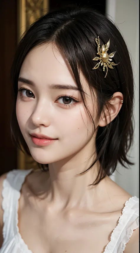 Best Quality, masutepiece, 超A high resolution, (Photorealistic:1.4), Raw photo, 1girl in, kｰpop idol, short-hair, Indoor, Summer noon,Detailed eyes,(realisticeyes),delicated face,realskin,detailed hairs,Detailed skin,Beautiful face,Smiling、((Beautiful hair...