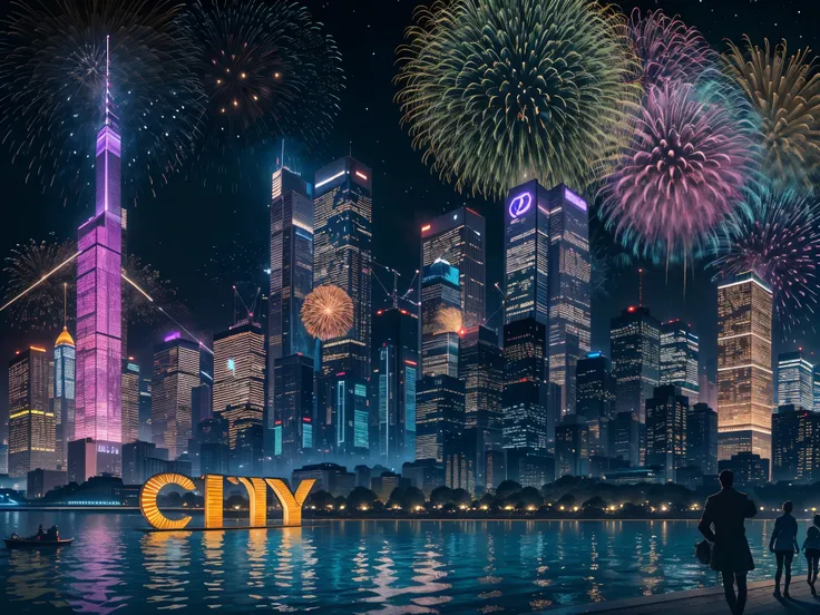 city night scene：1.37.滨江city night scene，water cruise，skyscrapers on the shore，city light show，brilliant laser fireworks bloom i...