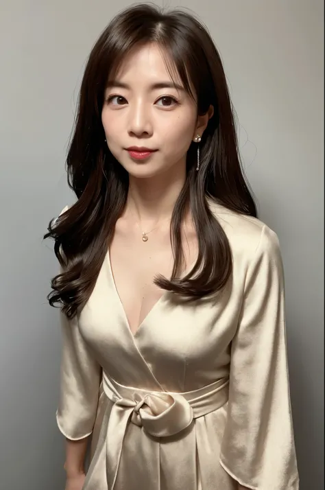 (High reality photograph, high resolusion photograph, super detailed face, detailed eyes) Skinny Japanese lady, 40 years old, cute face, various face expression, black long hair, skinny figure, medium breasts, very thin waist, mandarin collar evening gown,...