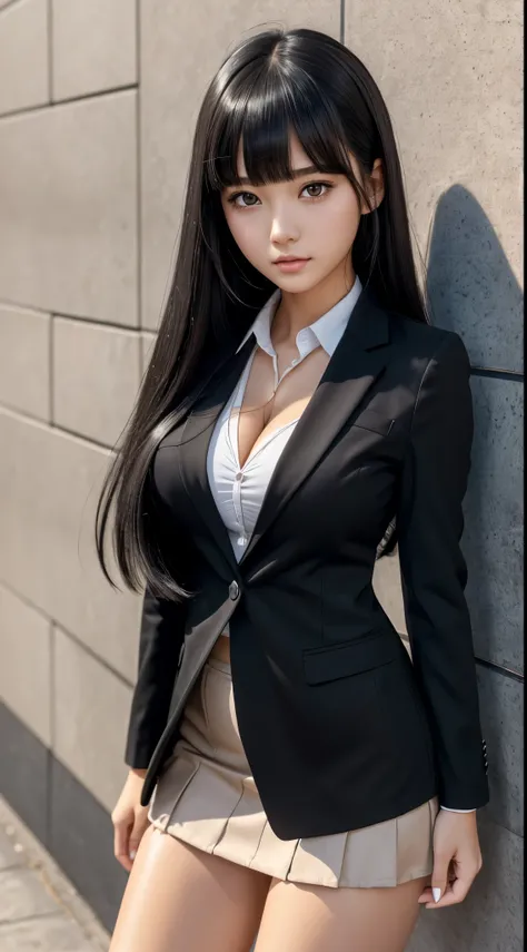 ((Best Quality)), ((masutepiece)), (Detailed), (highlight), Perfect face　Young girl with detailed face showing cleavage、Long, thick, shiny, beautiful black hair with blunt bangs、Single-color background、Standing wearing school uniform with blazer and minisk...