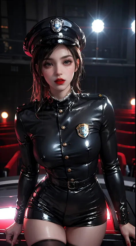 solo, (police uniform, policewoman), stockings, city lights, (looking at the audience: 1.3), lips apart, red lips, shiny skin, s...