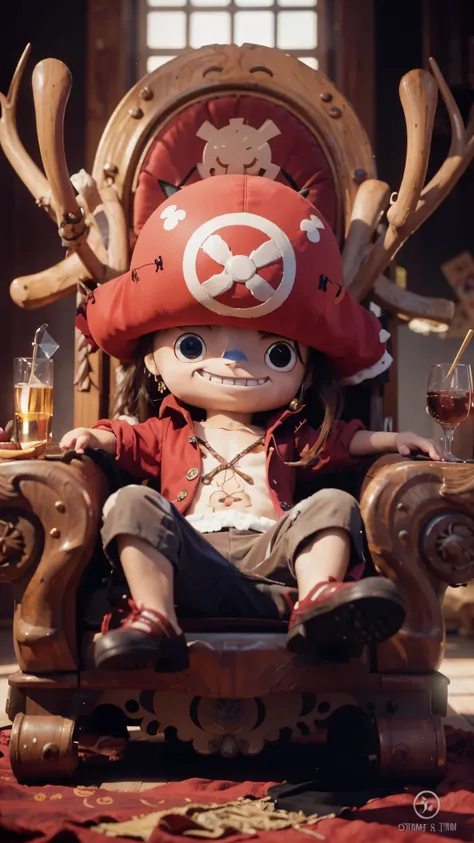 anime character sitting in a chair with antlers on his head, from one piece, inspired by Eiichiro Oda, high detail iconic character, 8 k highly detailed ❤🔥 🔥 💀 🤖 🚀, king of pirates, one piece style, one piece artstyle, super highly detailed, 8k high qualit...