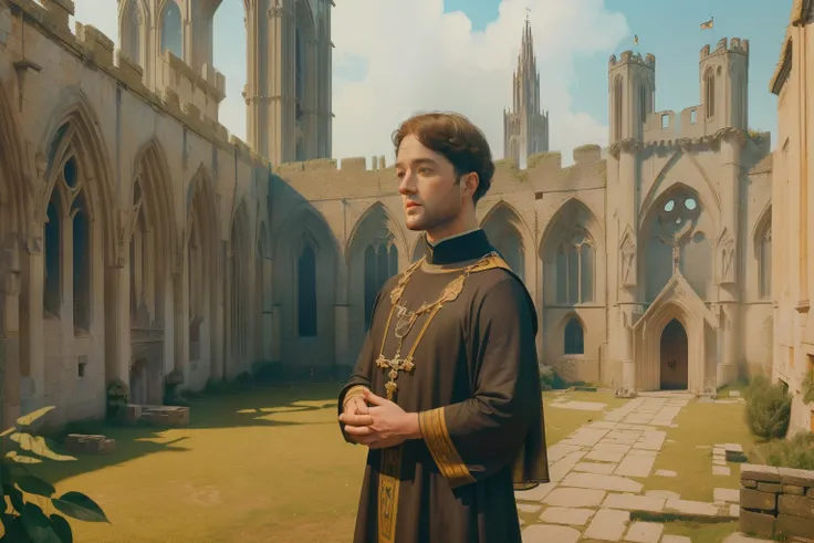 1143, Kingsbridge, England. otherworldly scene in a medieval monastery, outdoors, ((((34-year-old)) Richard Rankin)), monk, staring at the front side otside of an incomplete cathedral, construction in progress, demolished building, rubble, ((((tunic from t...