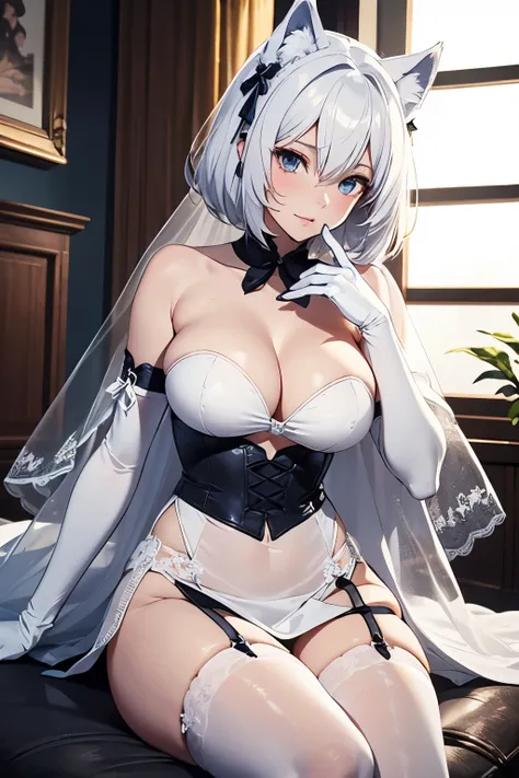 masutepiece　 The highest image quality　Super vivid　portlate　One lady（（Adults））　white long glove lunch）（gloves））　white stocking lanche）（Stockings））　weddingdress（Tube Top）　A sexy　cheek（rot）　　The hair（hair（short-hair）（Wave）　White hair　Eye color is blue　Wolf e...