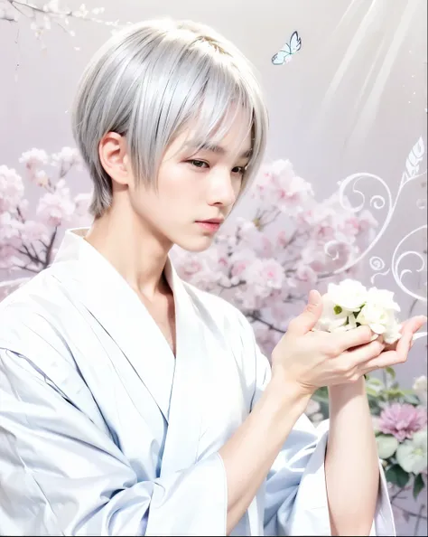 Yuki souma, fruits basket, boy, white kimono, silver short straight hair, holding white rose, purple eyes,