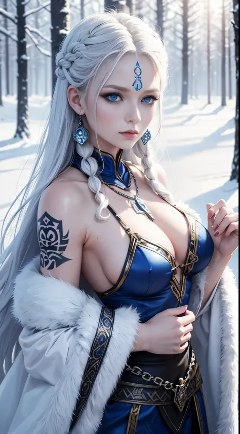 1 Viking warrior woman, braided white hair, blue eyes, perfect body, animal skin clothing (sexy), makeup, Norse necklaces, Norse earrings, Norse tattoos, in a snowy forest, (masterpiece), (high resolution), (high quality), (4K)