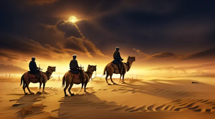 arafed painting of a group of people riding camels in the desert, epiphany, by krzysztof boguszewski, the wise man is riding on ...