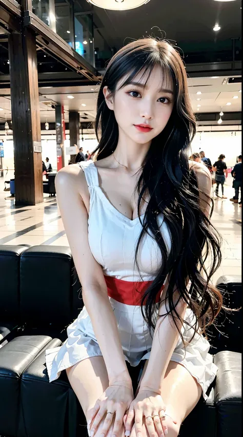 （realisticlying， high resolucion;：1.3）， 1 girl with a perfect body， super fine face and eyes，Long Whitr hair， Tank tops in random colors：1.2, Fritz short skirt, high-heel, At the airport， tits huge，Cleavage exposure，（Eurasian jay：1.5）， Close-up cleavage， t...