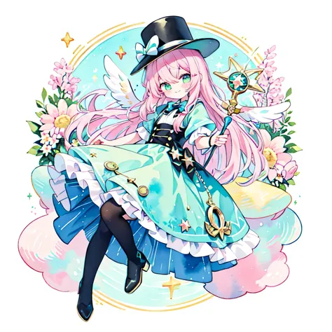 (PastelColors:1.3)、(Cute illustration:1.3)、(watercolor paiting:1.1)、white backgrounid、jumpping、levitation、A smile、Aster Harmony Garden Sprite,Pink longhair、Golden Eyes、magician、Sorcerer、black and light blue ruffle dress、through a bow tie、White checkered to...