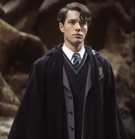 tom marvolo riddle, handsome man wearing harry potter robes, short hair, curly hair, slytherin school uniform, school badge, clo...