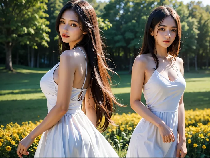 (masterpiece:1.4),, (best quality:1.4),, ultra-high res,, 8K, CG,,detailed, detailed face (extremely delicate and beautiful:1.2),, from side,, looking at viewer,, , 2 girls, fashionable,, mature girls, cute, sweet,, , in a flower field,, blurry background,...