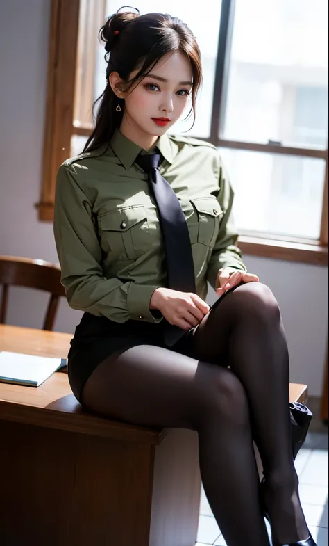 (full body) In the office, a Chinese beauty wearing a uniform, perfect facial features, hot ass giri, sexy smile, lipstick, red lips, (updo), brown green shirt, tied with (Black uniform tie), deep olive green pantlack high heeled knee high boots), Open the...