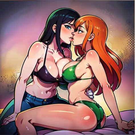 Nico Robin with Nami from one piece kissing, masterpiece, kissing, two girls, big breasts, bikini, bangs, One Piece, stripping, colored box background, big breasts, cleavage,  out, undressing, black hair, orange hair