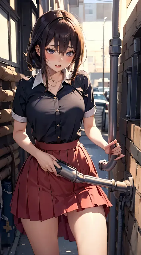 best quality, business clothes, drooping eyes, blush, ecstasy, sleepy face, ((precise drawing of luxurious and adult panties)), (((hit her crotch against the pipe))), (((hide crotch with a long skirt))), open legs, outside,