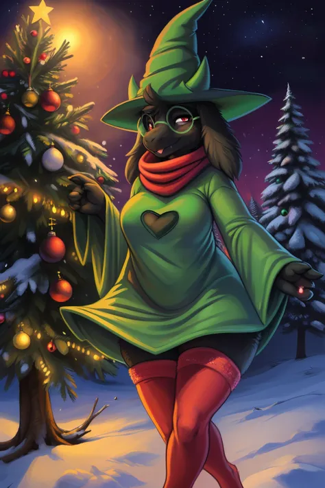 ralsei, female, 1girl, outside, solo, body fur, high res, christmas clothed, furry, sharp focus, colorful, outdoors, by fluff-ke...